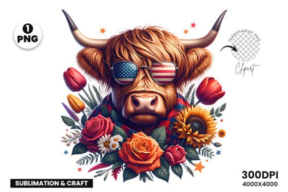 4th July Highland Cow Floral Clipart PNG