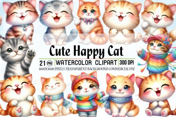 Watercolor Cute Happy Cat Clipart: A Creative Tool for Modern Design Projects