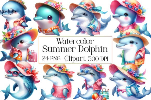 Watercolor Cute Summer Dolphin Clipart