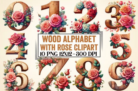 Wood Alphabet with Rose Clipart: A Versatile Design Set for Creators and Entrepreneurs